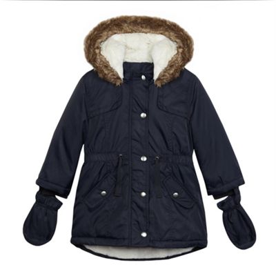 bluezoo Girls' navy fleece lined parka jacket and mittens
